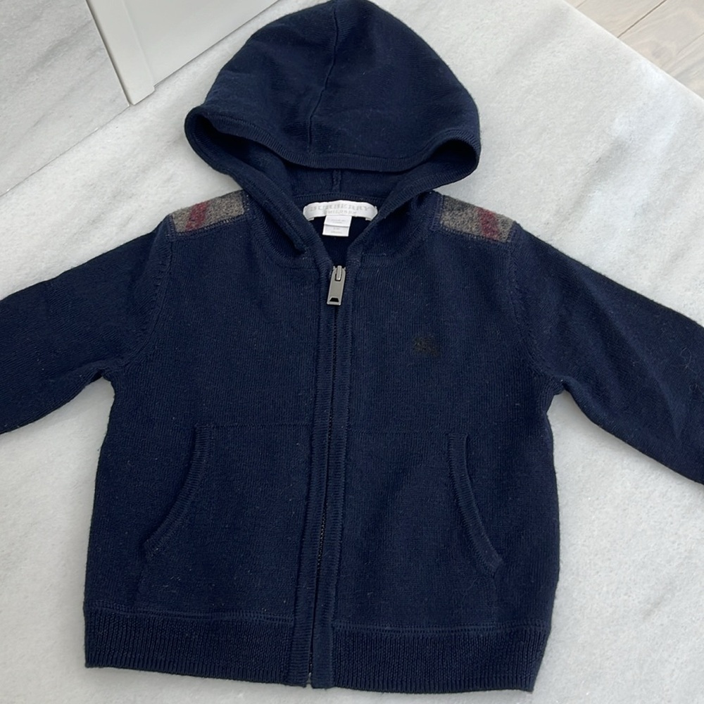 Burberry Children Extra Fine Merino Wool Navy Nova Check Zip Hoodie Sweater 9mo